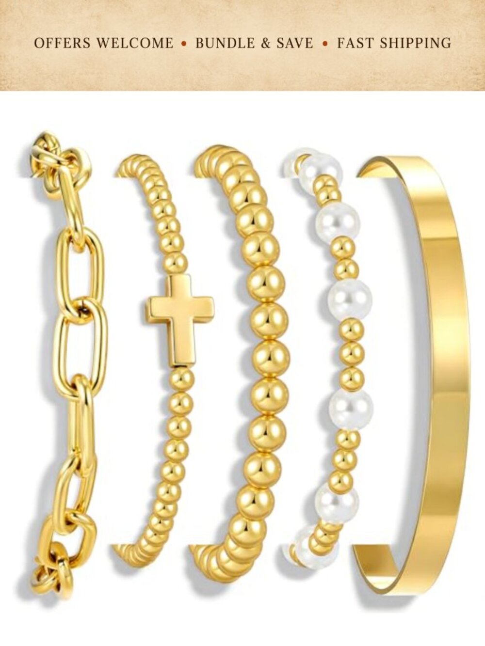 14K Gold Plated Beaded Stretch Bracelet Set Stackable Paperclip Pearl Cross